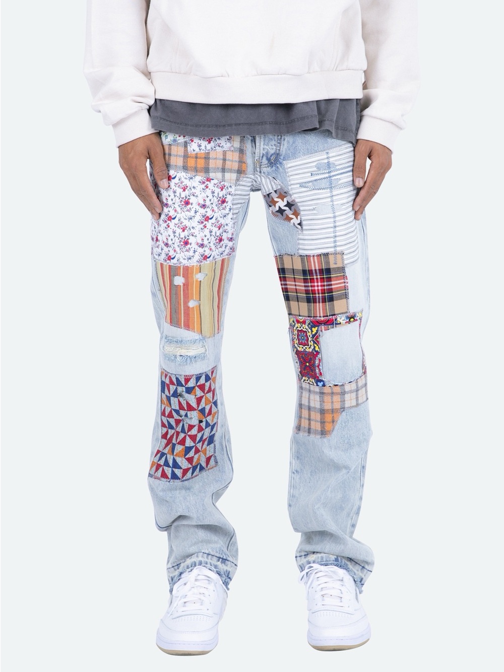 MNML Light Blue Straight Jeans with Multicolor Patchwork